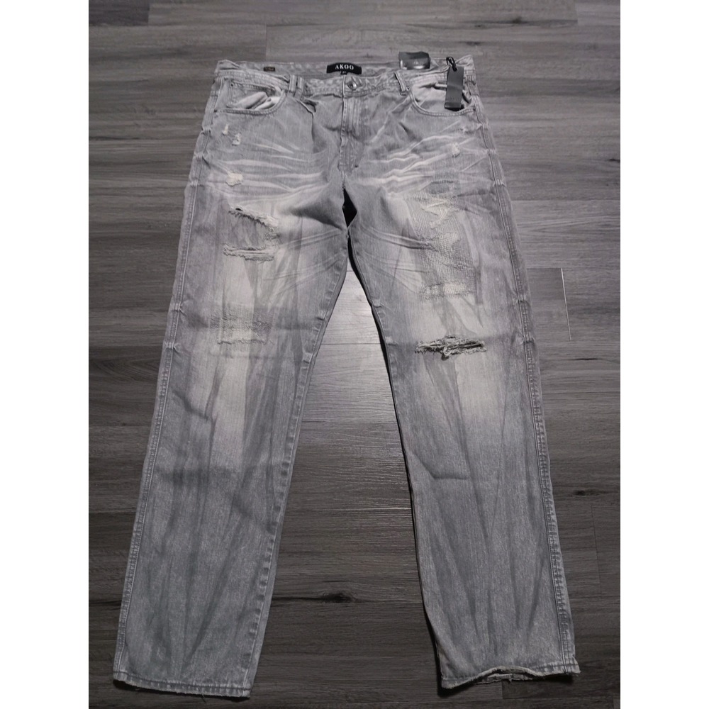 NWT AKOO Men's Gray  Big Oak Fit‎ Distressed Straight Leg Jeans Size 42x35